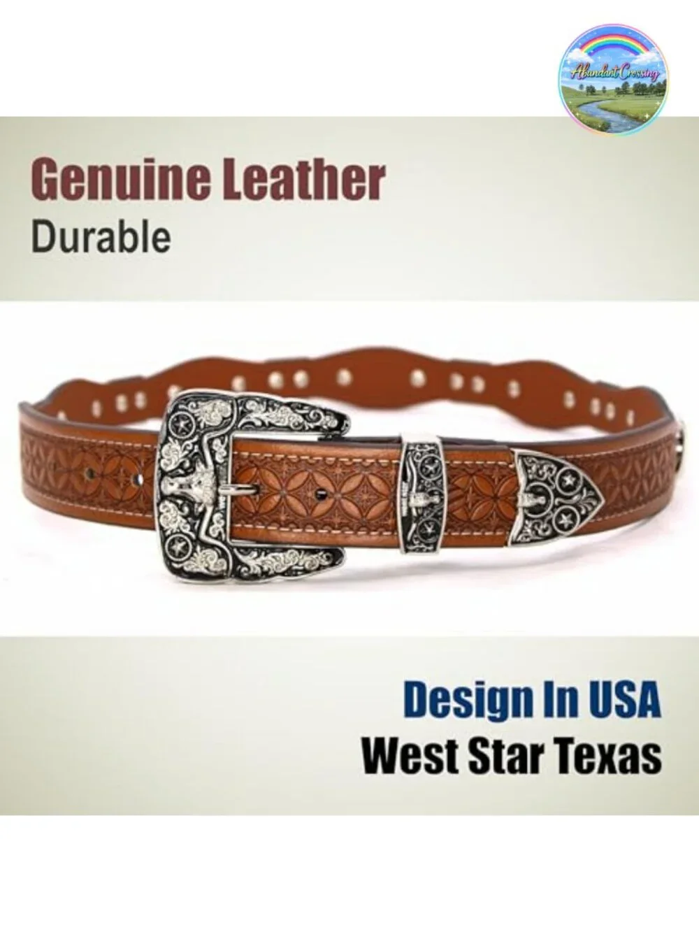 Genuine Leather Western Concho Belt with Star Buckle Rodeo Cowboy